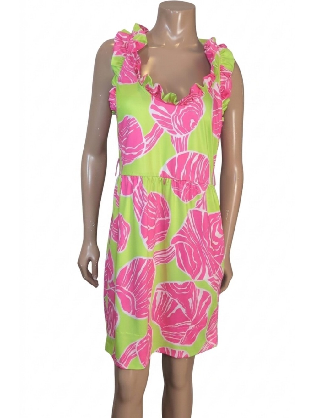 Gretchen Scott Pink Green Seashell Ruffneck Dress Womens Size Large Pockets